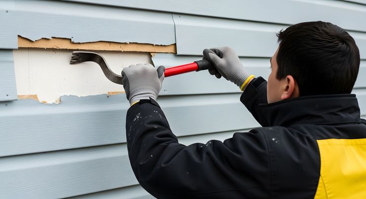Worker scraping peeling paint from light blue exterior house siding with a red-handled tool