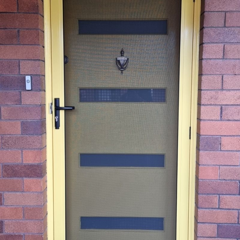 A Yellow Door With A Brick Wall Behind It — North Ballina Windows In Ballina, NSW