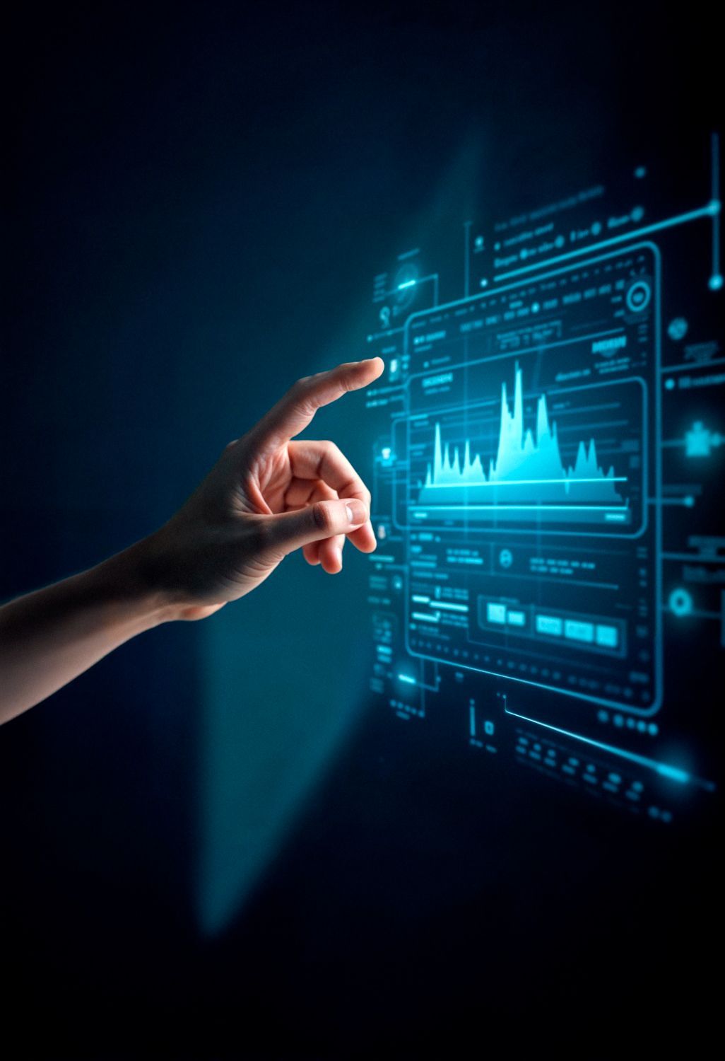 Mano interactuando con una interfaz digital azul brillante, mostrando gráficos de datos y paneles de información.