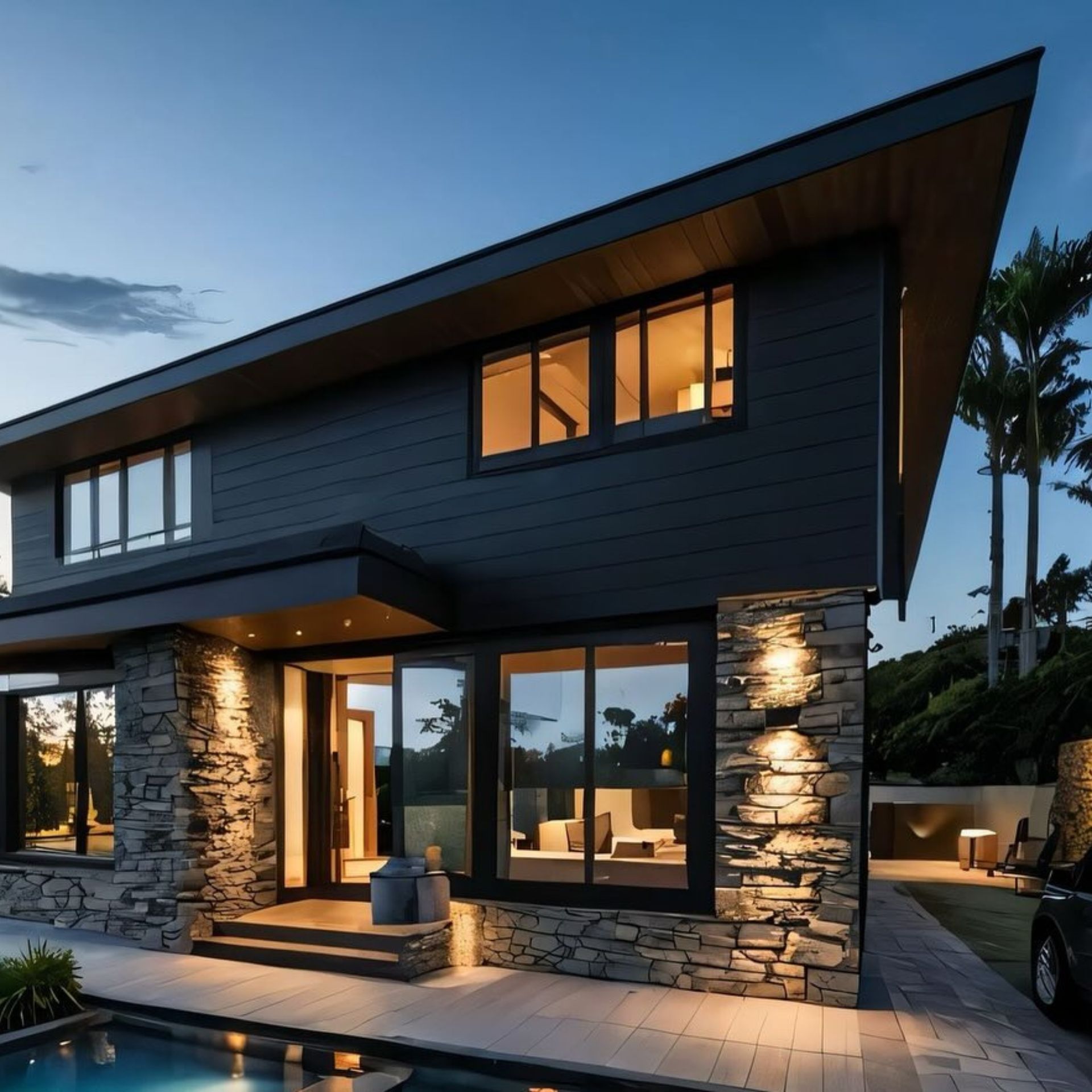 WCL ConstructionPaint Carpentry Inc - A black house with a swimming pool in front of it