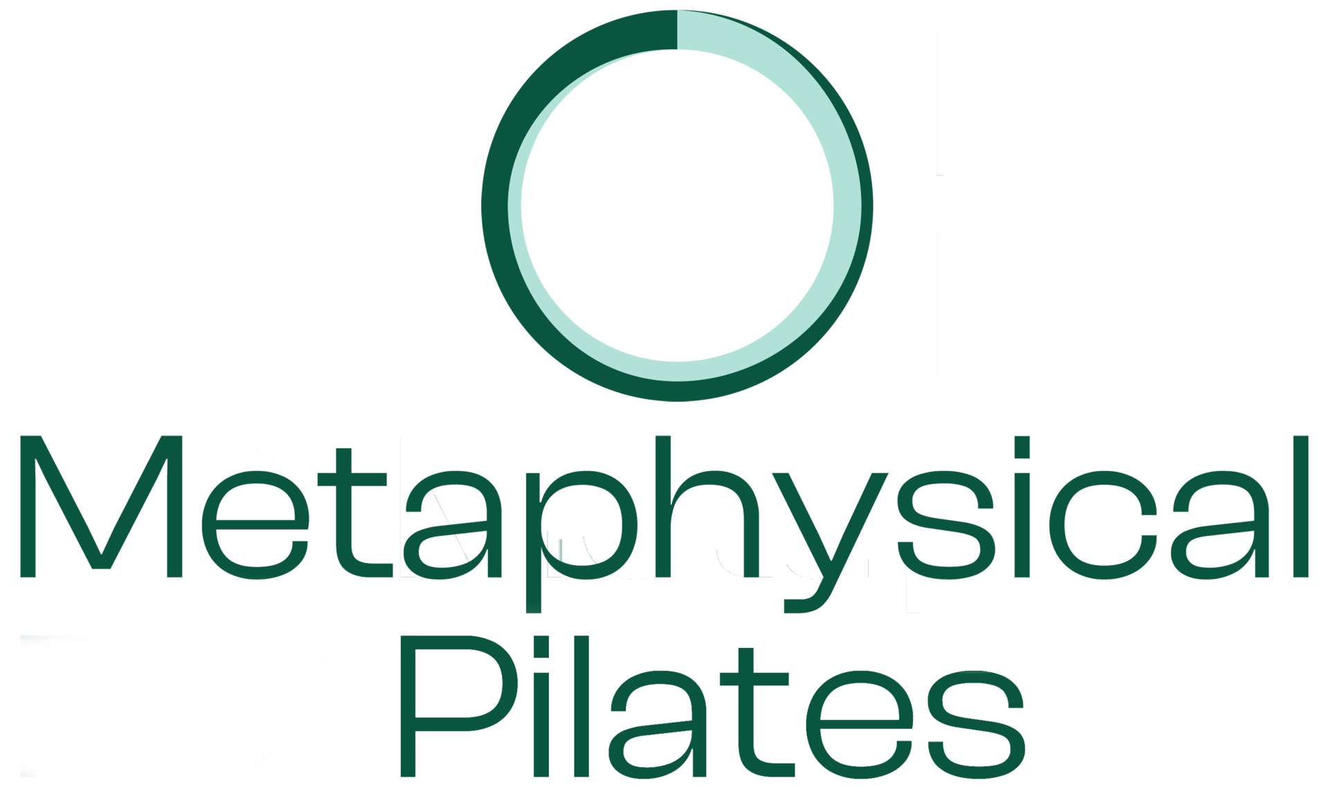 A logo for metaphysical pilates with a green circle in the middle.