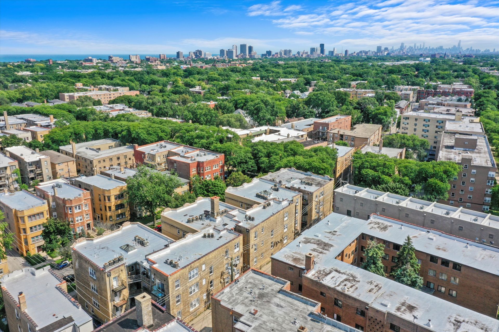 Aerial view of Chicago buildings and trees, with the skyline in the distance.