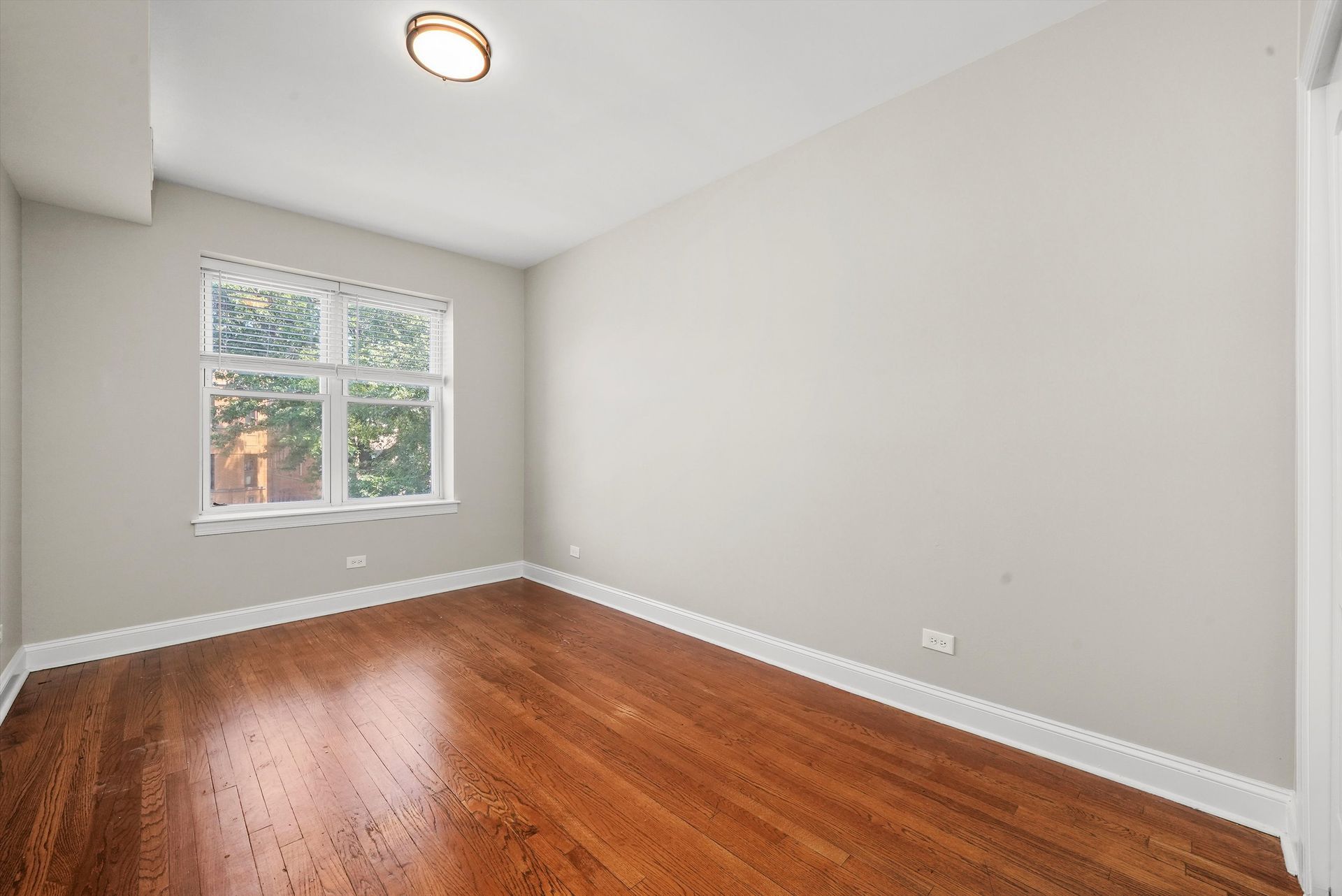 Empty room with wood floor, window, and light-colored walls.