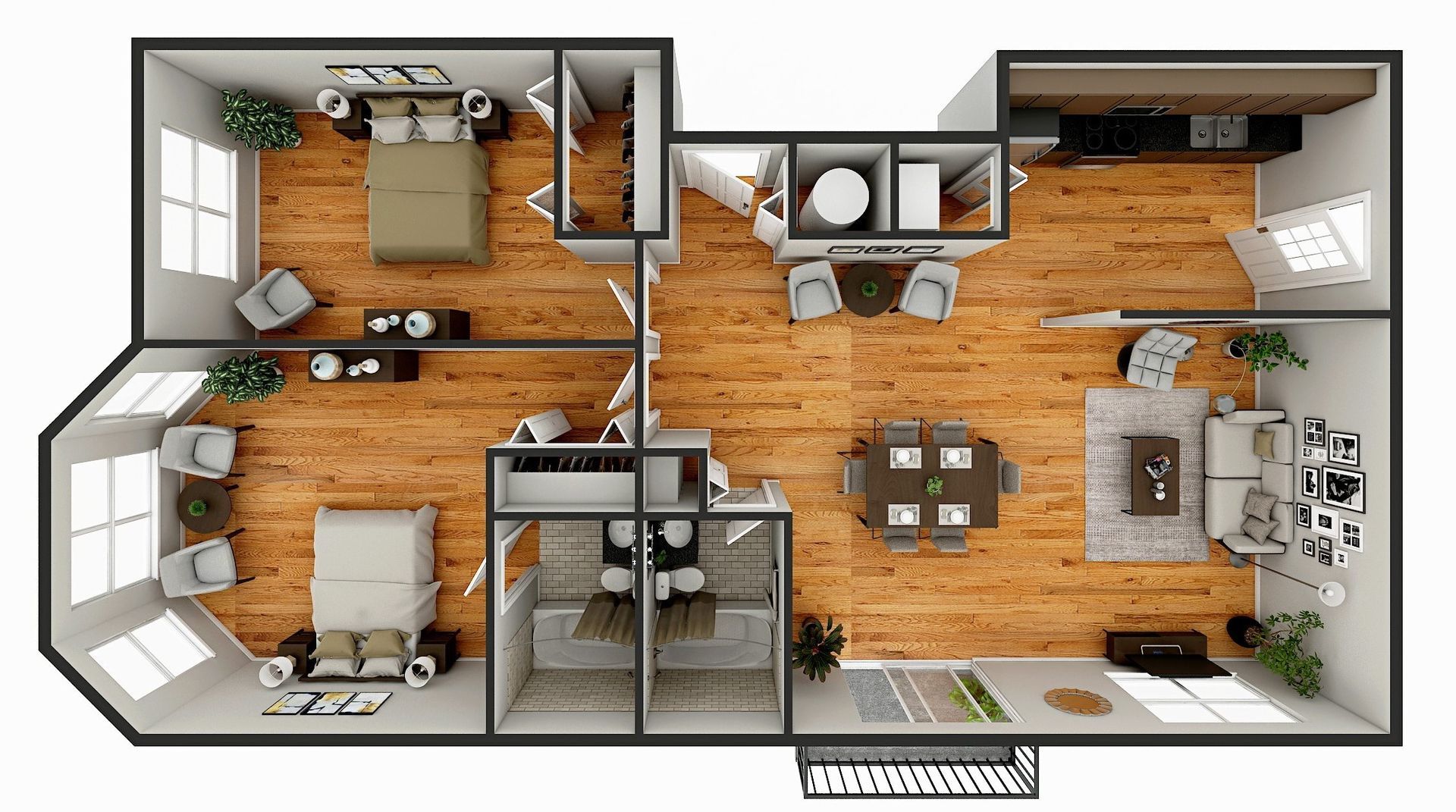 Floor plan of a two-bedroom apartment, featuring living, dining, and kitchen areas with furnishings.