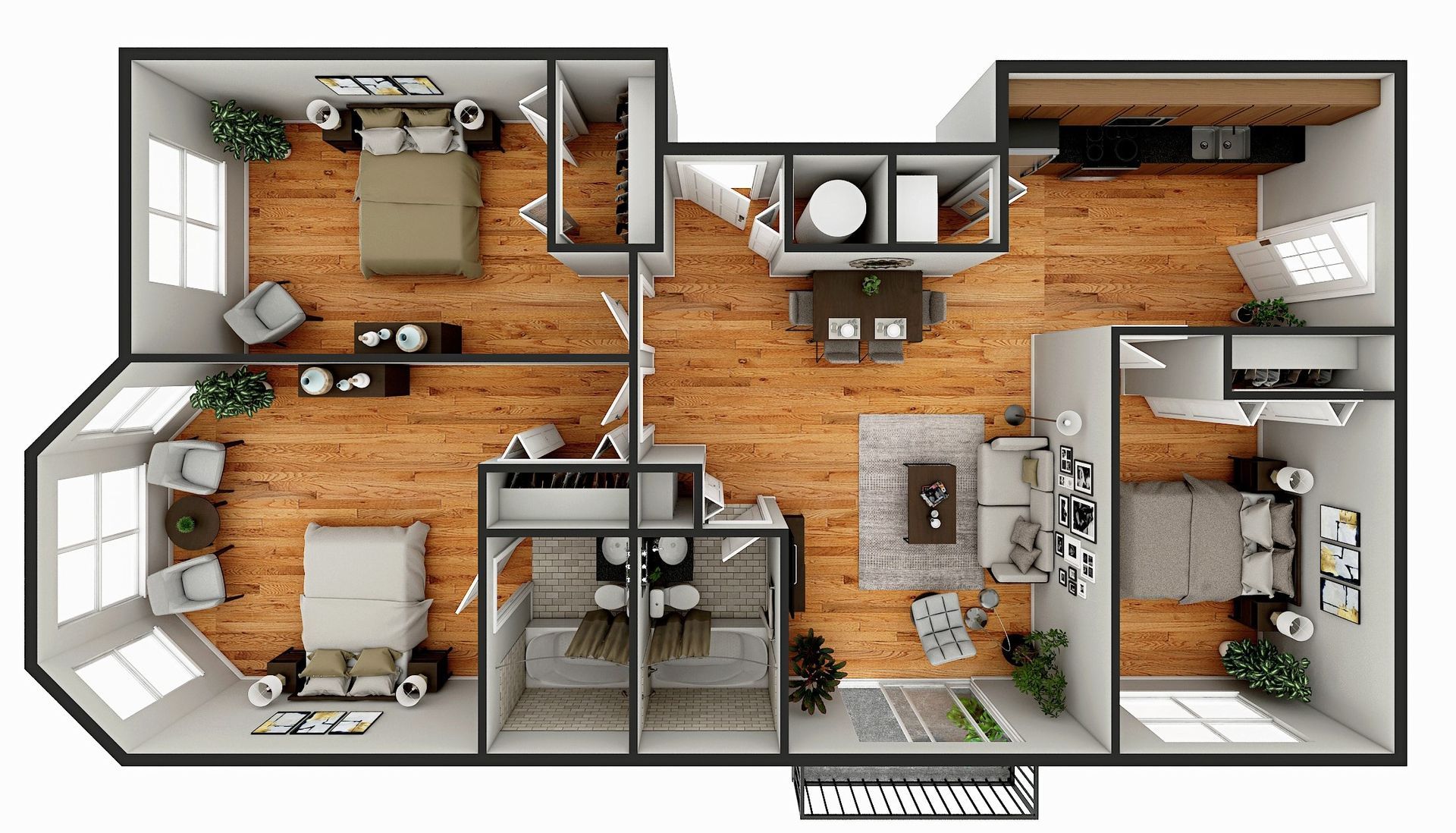 Top-down view of furnished apartment layout: two bedrooms, living room, dining area, kitchen, and balcony.