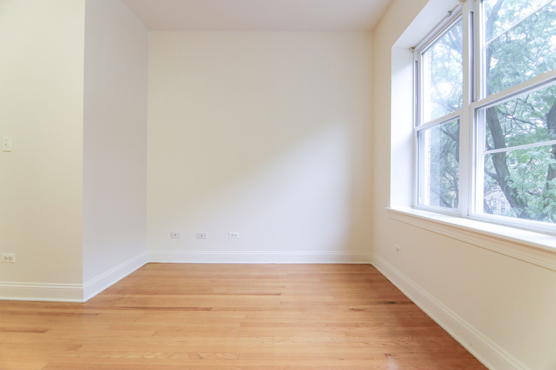 Empty room with hardwood floor, white walls, and window overlooking trees.