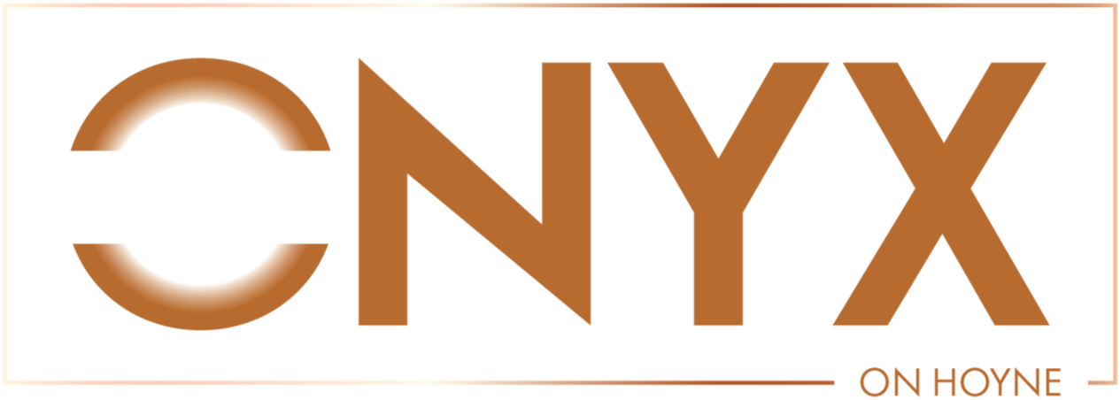 Logo for Onyx on Hoyne, a residential building. Brown text in a white box.