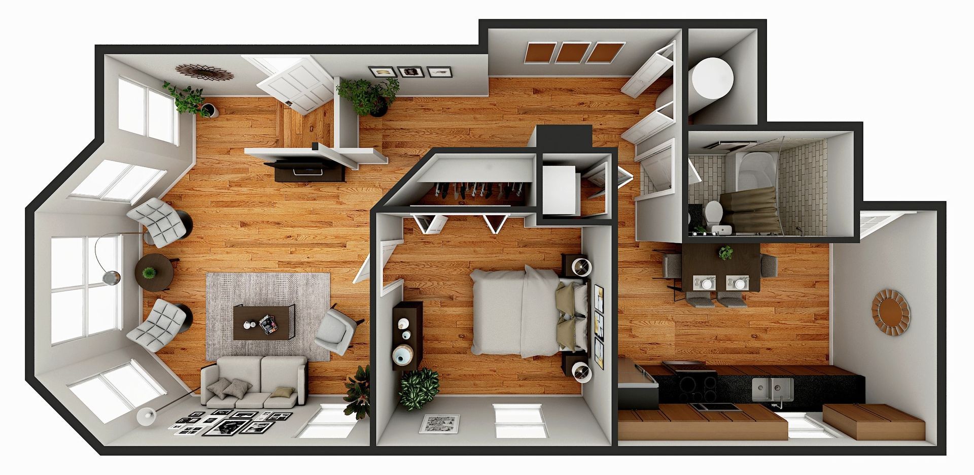 Floor plan of a furnished apartment, with a living room, bedroom, and bathroom.