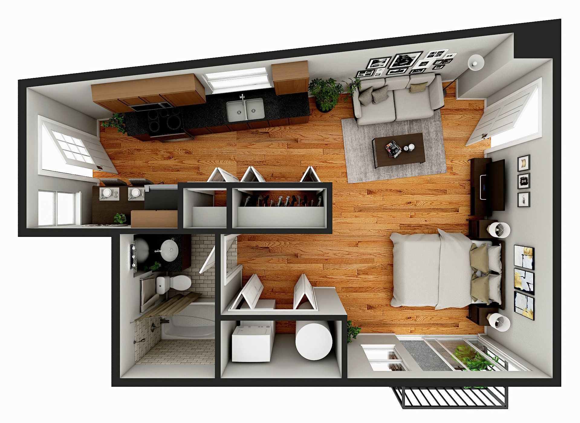 Floor plan of a modern studio apartment with a kitchen, living space, bedroom, bathroom, and balcony.