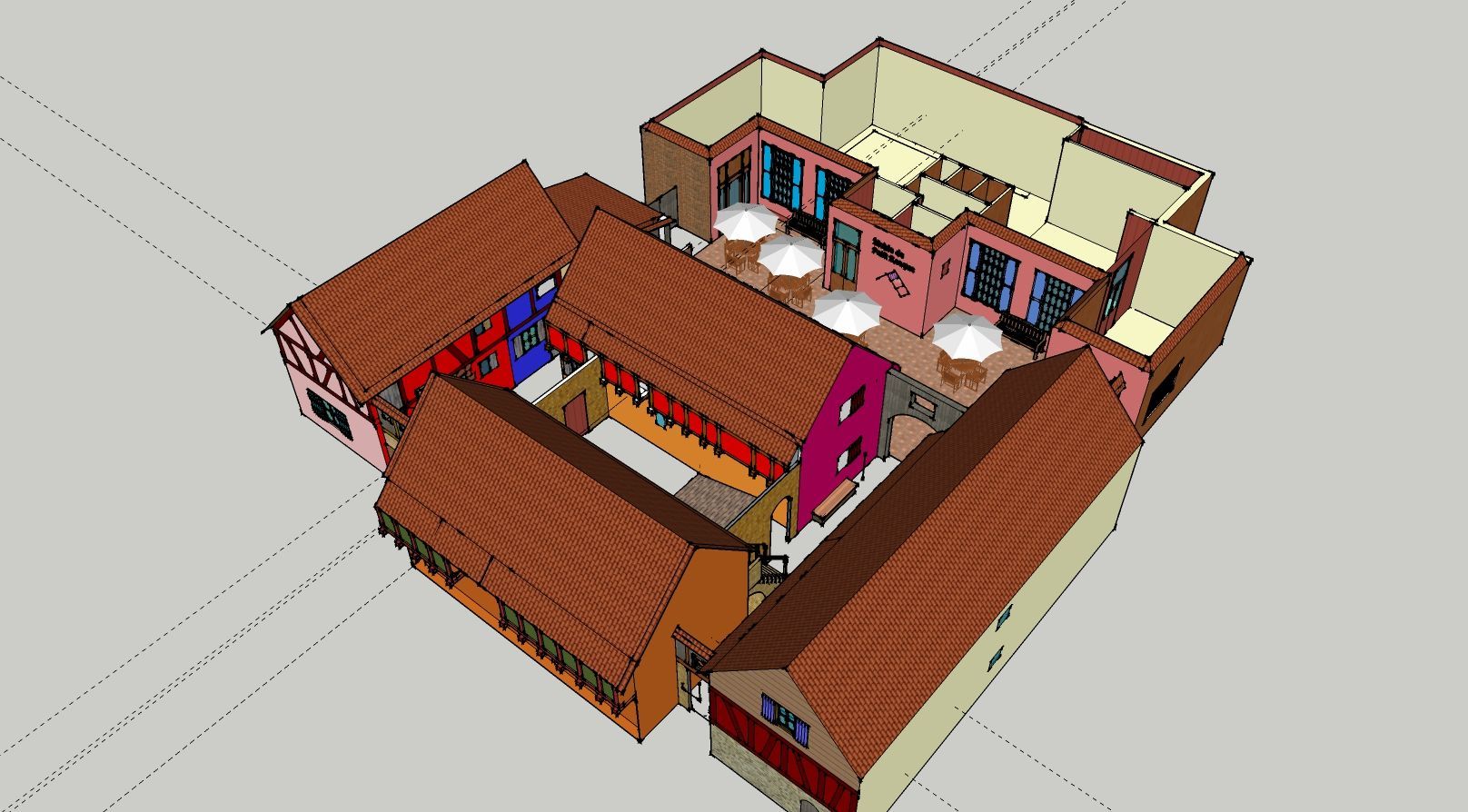 3D-weergave van een binnenplaats met gebouwen in verschillende kleuren en bruine daken.