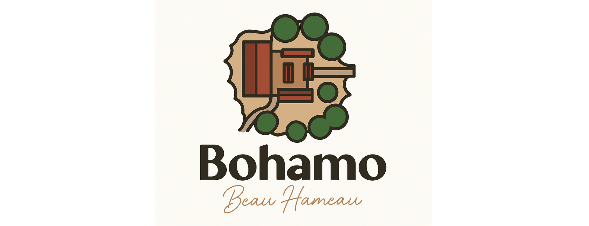 Logo voor Bohamo, met een bruine gebouwcontour omringd door groene bomen op een beige achtergrond.