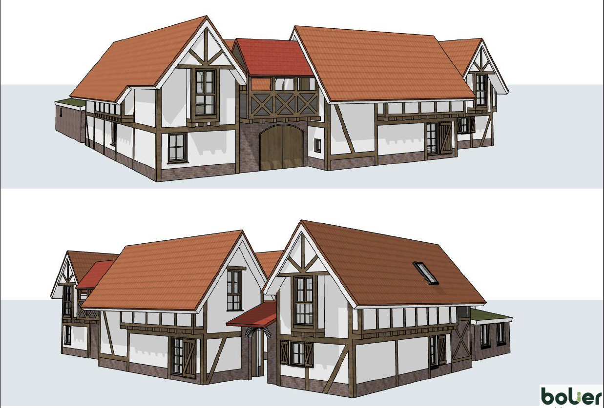 Twee 3D-modellen van een vakwerkgebouw met rode pannendaken en witte muren.