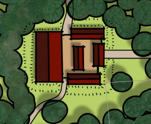 Bovenaanzicht van een gebouw met rode daken, omgeven door groen gras en bomen, en een kronkelend pad.