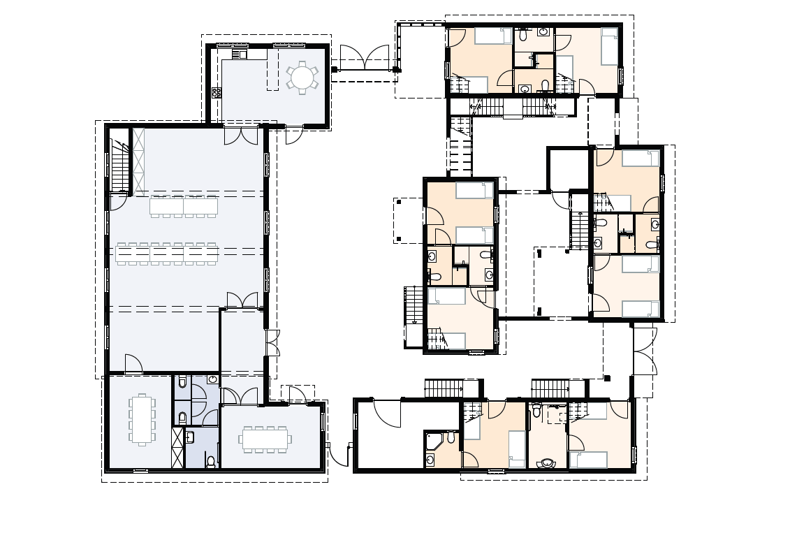 Architectonische plattegrond van een gebouw met meerdere secties; de kamers zijn aangegeven met muren en van labels voorzien.