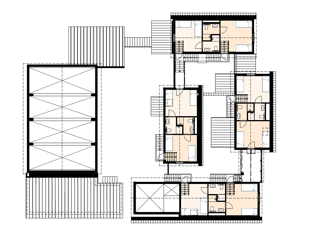 Architectonische plattegrond met meerdere rechthoekige structuren die met elkaar verbonden zijn door open ruimtes en trappen.