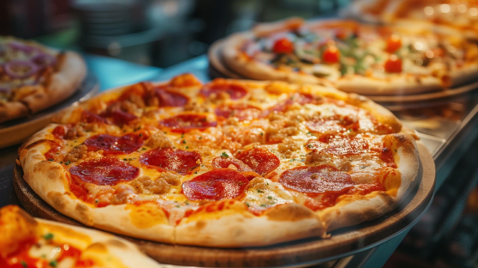 Pizza al pepperoni su vassoio di legno con altre pizze sullo sfondo.