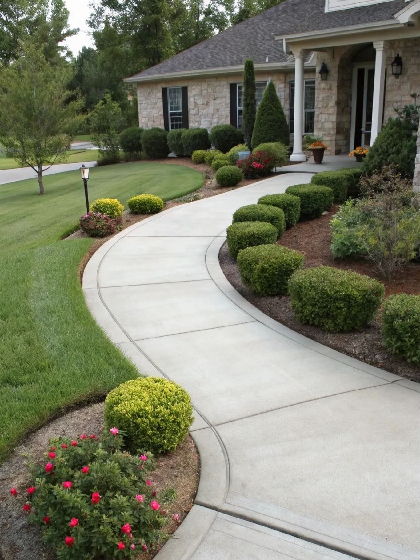 Curved concrete walkway lined with manicured shrubs and flowers leading to a brick house