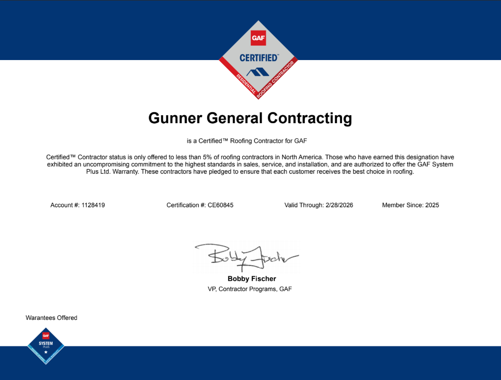 gunner roofing contractors GAF certification