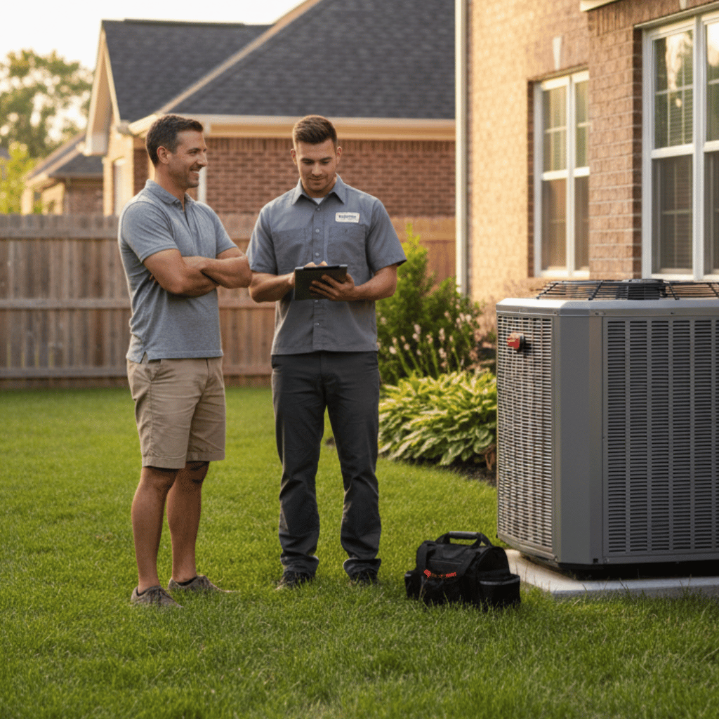 Construction workers in a rustic room attend a video call on a large screen; laptop sits on the table.