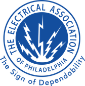 Logo for The Electrical Association of Philadelphia: Blue circle with lightning bolt design and text.