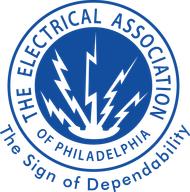 Blue circular logo for the Electrical Association of Philadelphia, featuring a lightning bolt and text: 