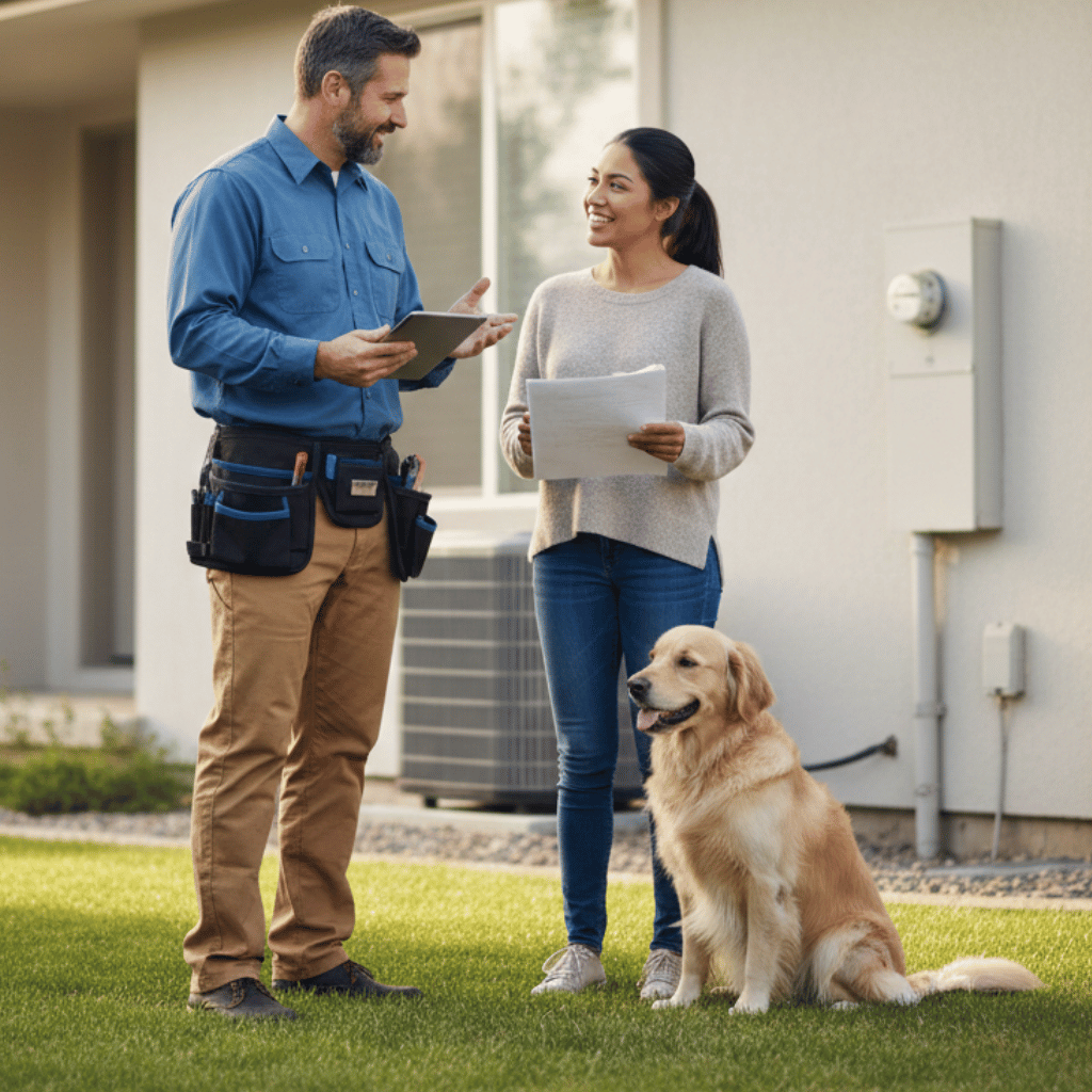 Person wearing safety glasses installing solar panel on a roof.