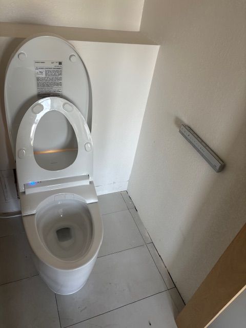White toilet with seat up against a white wall. A metal toilet paper holder is on the wall.