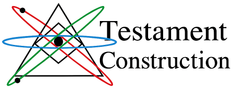 Logo with geometric shapes (triangle, diamond, oval) and the text "Testament Construction".
