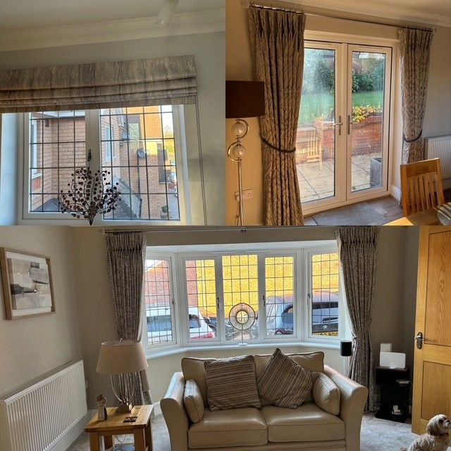 French door and bay window curtains, and roman blinds made in contrast fabric