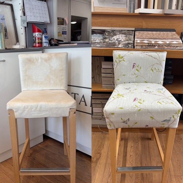 Ikea stool before and after being recovered