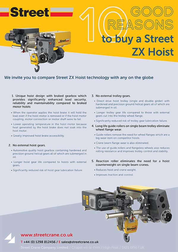 Download the 10 Good Reasons to buy a Street ZX Hoist brochure.