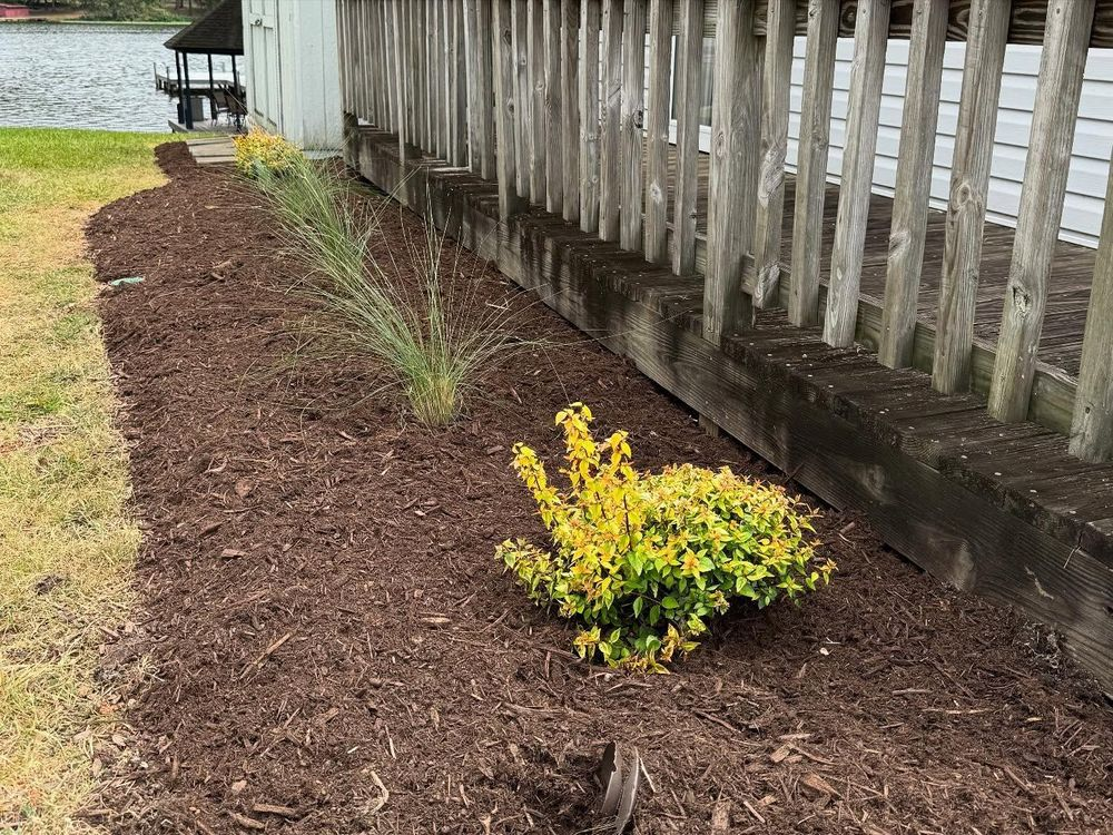 Mulch-covered garden bed along a weathered wooden fence with green grass and lake visible in the background.