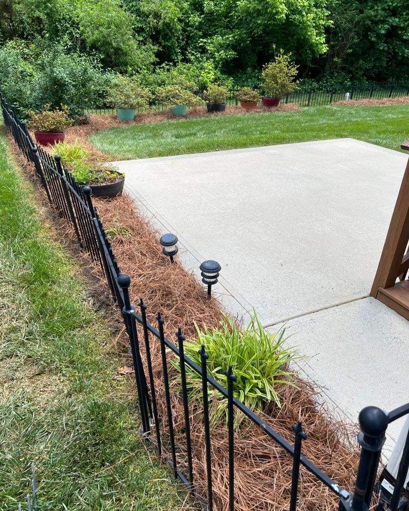 Black wrought-iron fence borders a patio with solar lights and mulch bed. Plants and potted trees in the background.
