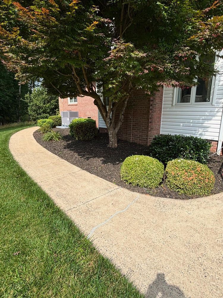 Concrete walkway curving past a tree, shrubs, and a brick and white-sided building. Green grass on left.