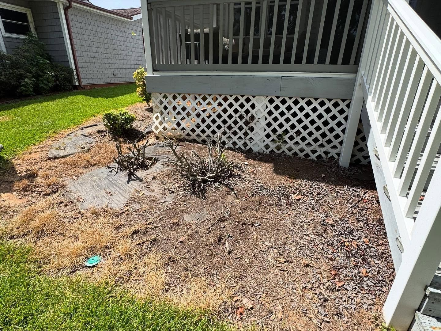 Yard with dry landscaping and small shrubs beneath a white deck, adjacent to a green lawn.