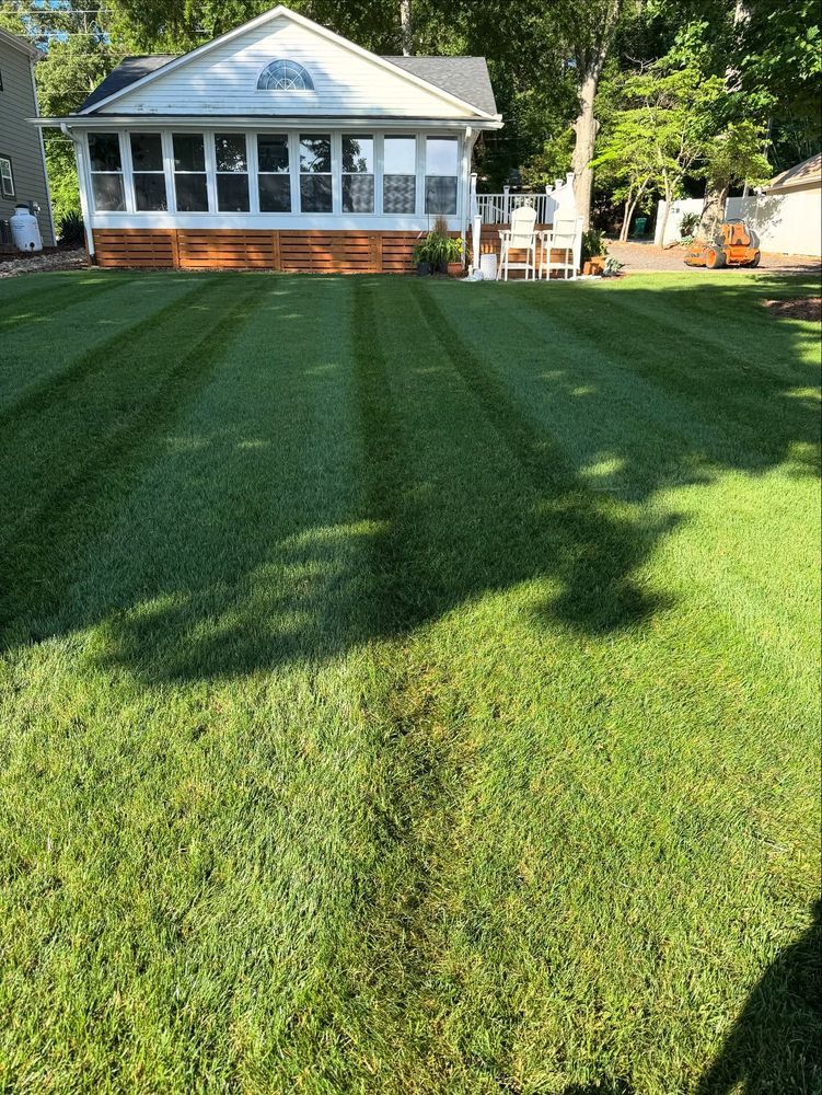 Lawn with freshly cut stripes in front of a white house with a screened porch.
