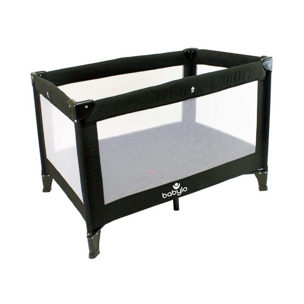 A black baby crib with a clear window on a white background
