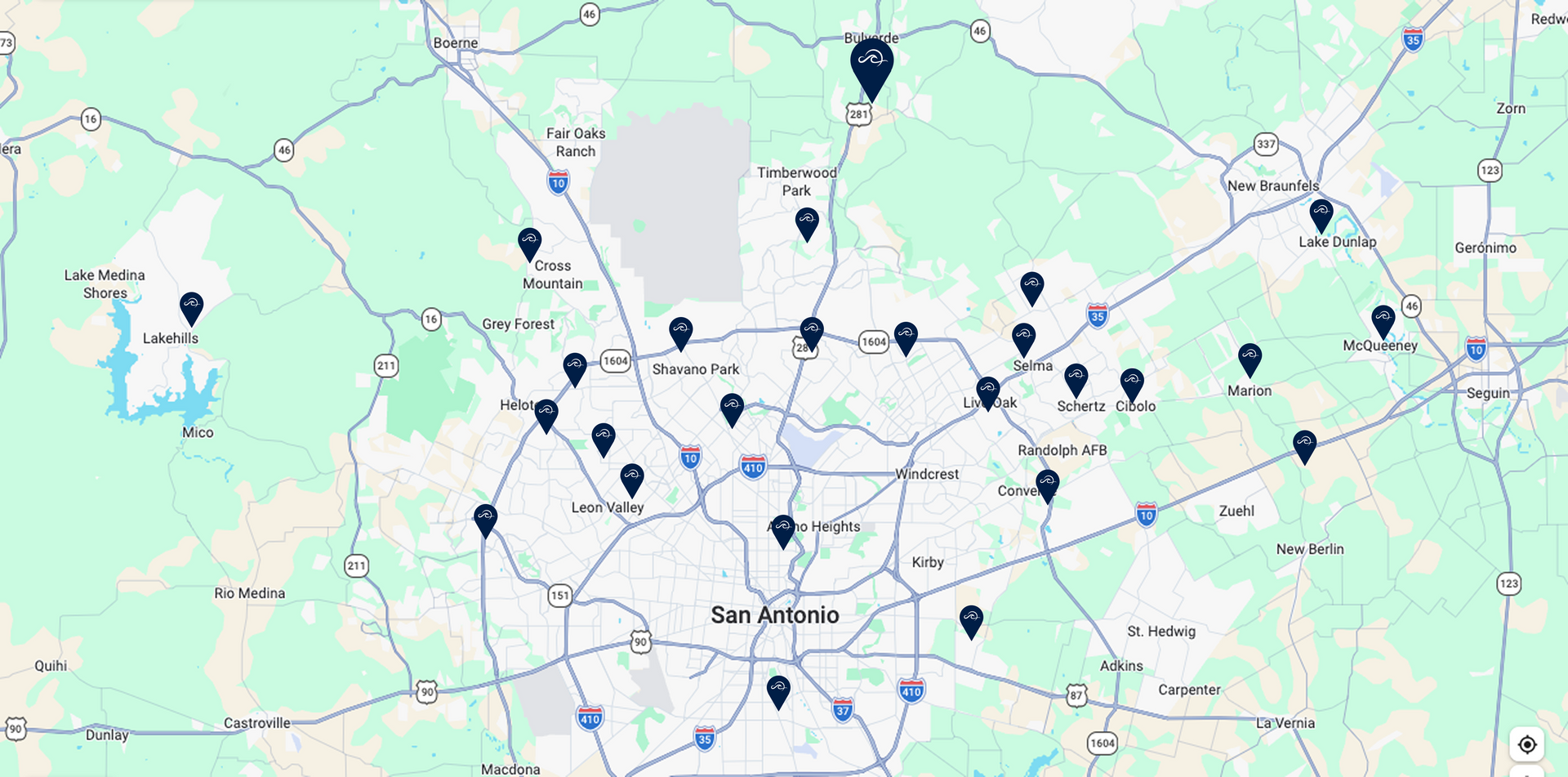 Map of a city with several blue location markers, possibly indicating points of interest.