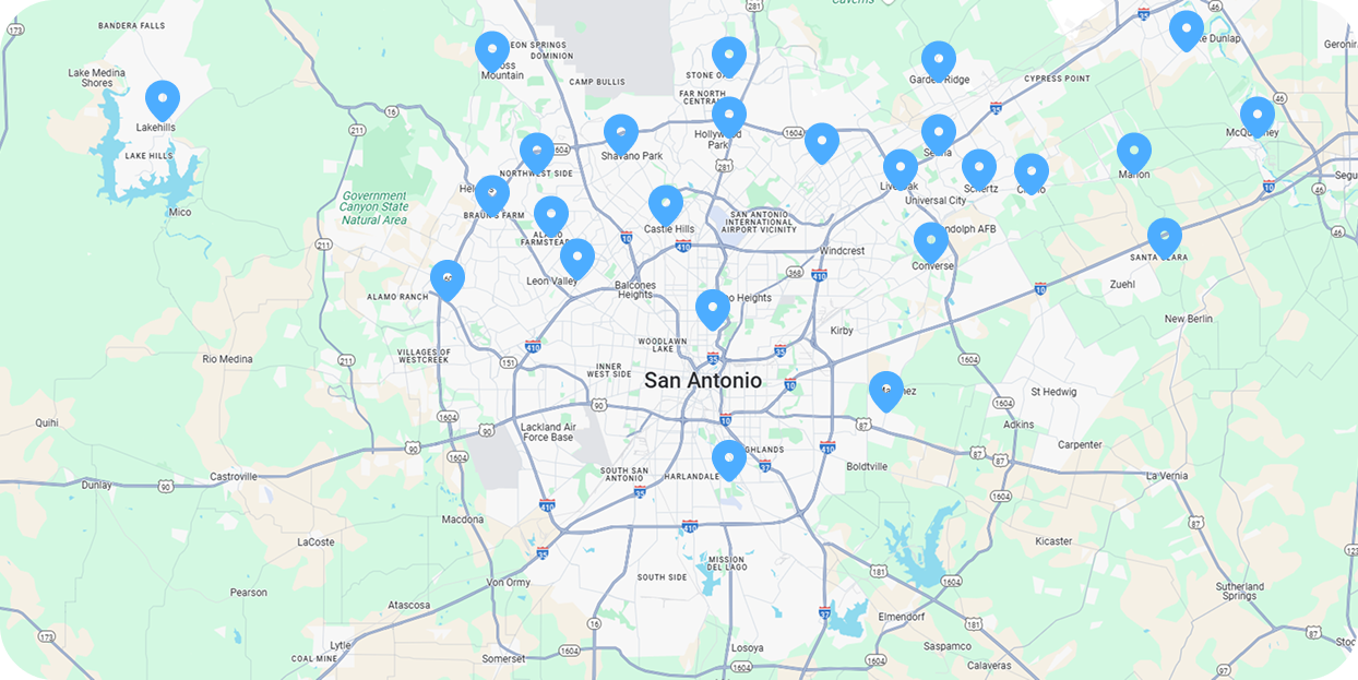 Map of a city with several blue location markers, possibly indicating points of interest.