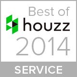 Houzz Best of Service 2023 award badge, golden yellow with white house logo, black text.