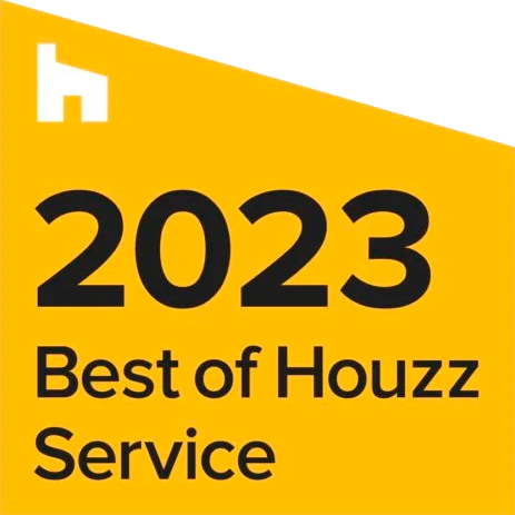 Houzz Best of Service 2023 award badge, golden yellow with white house logo, black text.