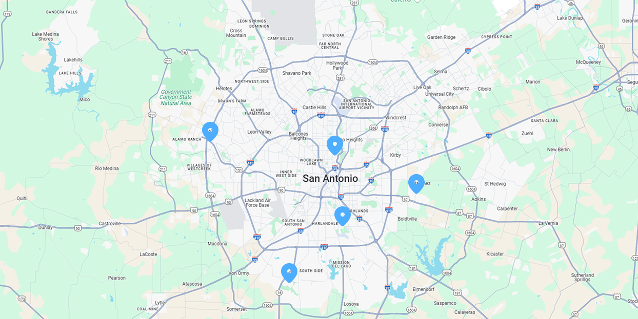 Map of San Antonio with blue location markers.