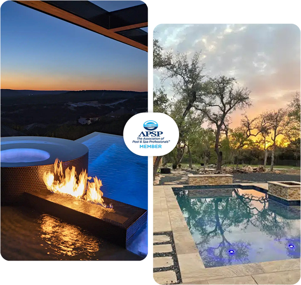 Two photos: Pool with fire pit at sunset, and a pool surrounded by trees under a cloudy sky.