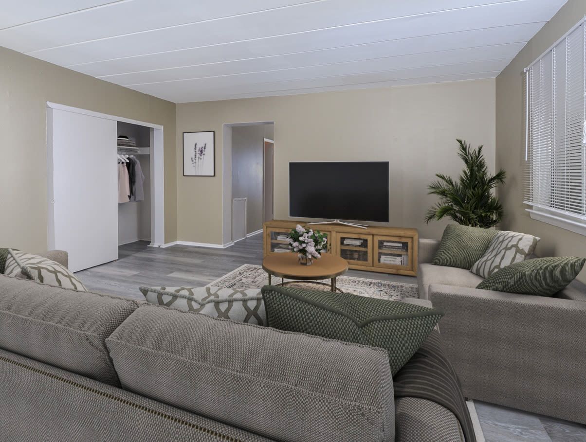 Living room in a modern apartment with a sectional sofa, TV, and a closet visible in the background.