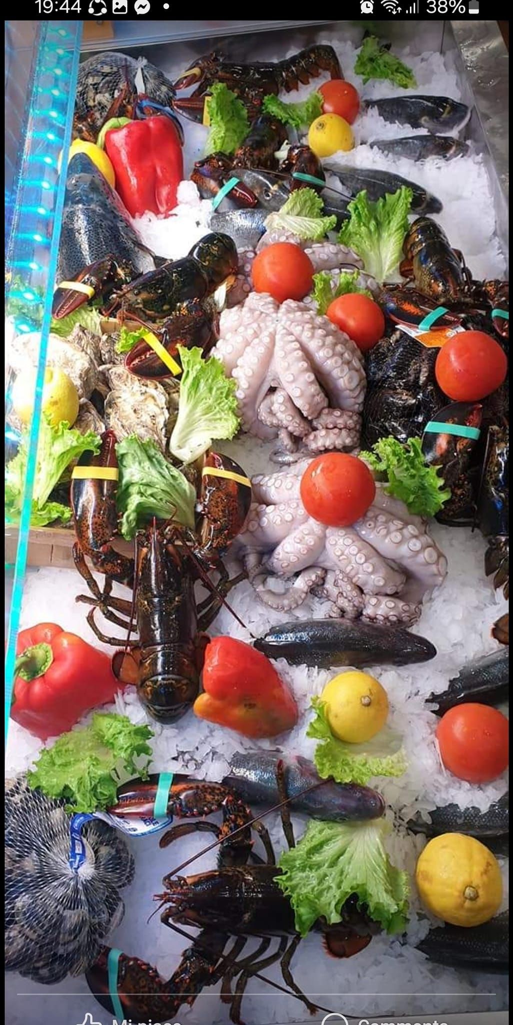 Aragoste, polpi, pomodori, limoni e lattuga su ghiaccio in un banco di frutti di mare.