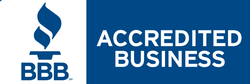 BBB Accredited Business logo: blue flame icon next to text