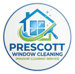 Logo for Prescott Window Cleaning featuring a house icon, a cleaning squeegee, and sparkling stars in blue and green.