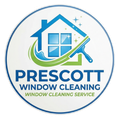 Logo for Prescott Window Cleaning featuring a house icon, a cleaning squeegee, and sparkling stars in blue and green.