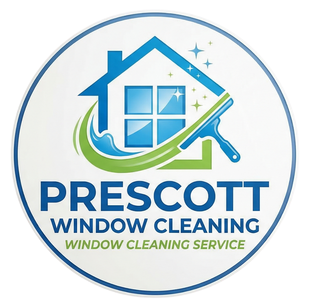 Logo for Prescott Window Cleaning featuring a house icon, a cleaning squeegee, and sparkling stars in blue and green.