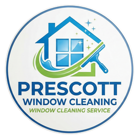 Logo for Prescott Window Cleaning featuring a house icon, a cleaning squeegee, and sparkling stars in blue and green.